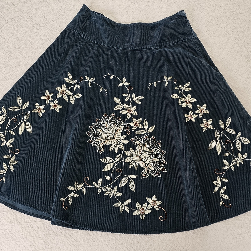 Blue Floral Corduroy Skirt